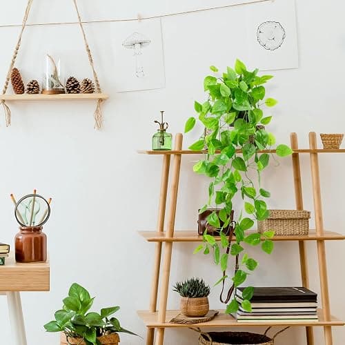 LOYWREE Small Fake Hanging Plant Artificial Potted Plants for Indoor Outdoor Aesthetic - 39in Realistic Faux Hanging Pothos with Ivy Vine for Shelf Decor in Home Office Gardens Greenery (Black Pot) thumbnail 6