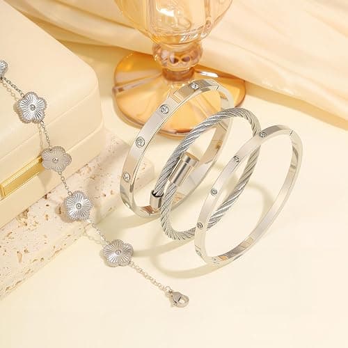 ISELBDR 18K Gold Bracelets for Women - Stackable Clover & Nail Love Bangle Set - Non-Tarnish Stainless Steel Jewelry Gift for Valentine's, Mother's Day & Christmas thumbnail 9