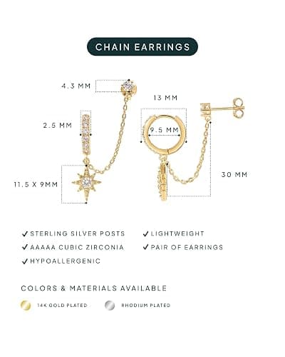 PAVOI 14K Gold Chain Earrings for Women | Double Piercing Dangle Chain Huggie Hoop Earrings | Cubic Zirconia Pearl Stud Ear Cuff Earrings for Women thumbnail 3