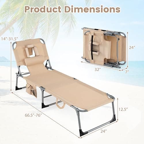 COSTWAY Tanning Chair with Face Hole, Folding Beach Lounge Chair with 4-Position Adjustable Backrest, Pillow & Side Pocket, Foldable Chaise Lounge Chair Outdoor for Sunbathing, Camping (1, Beige) thumbnail 3