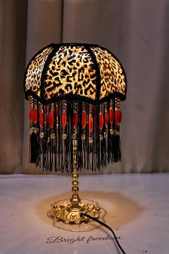 Rynbble Vintage Leopard Print Table Lamp with Black Tassels & Red Beads, Victorian Style Nightstand Lamp, Gold Brass Base, Retro Bohemian Accent Light for Bedroom, Living Room, Home Office - Image 1