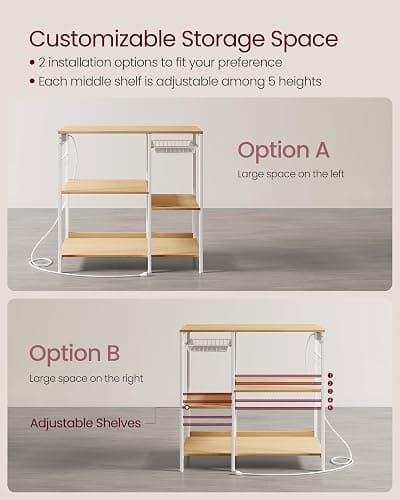 VASAGLE Baker's Rack, Coffee Bar Stand with Charging Station, Storage Shelves, Pull-Out Wire Basket, Table for Microwave, Kitchen, Oak Beige UKKS036Y09, 15.7 x 35.4 x 35.6 Inches thumbnail 6