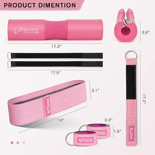 RitFit 7 Pcs Barbell Squat Pad Set, with Resistance Band, 2 Safety Straps, 2 Gym Ankle Straps & Carry Bag, Upgraded Neck & Shoulder Protective Pad Support for Squats, Lunges & Hip Thrust (Pink/Black) thumbnail 2