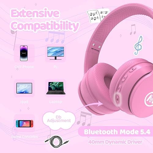 Mokata Headphones Kids Bluetooth 5.4 Wireless Play Time 68H Safe Volume Limit 85/94dB Over-Ear Foldable Headset,Fast Charging,with Aux Cord Built-in Mic for Toddler Child Pad Study Tablet Pink thumbnail 6