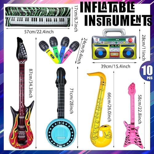 10 Pieces Inflatable Instruments Party Props Set Photo Booth Props Inflatable Guitar Saxophone Bass Lute Microphone Recorder Piano Theme Party Rock Toys Decorated Vintage Period Party thumbnail 3