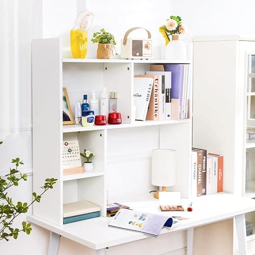 deli Desktop Shelf, Desk Hutch with 5 Shelves for Computer Desk, Desktop 3-Tier Display Rack, Multipurpose Wood Desktop Bookshelf Storage Organizer for Dorm Office Home, White thumbnail 3