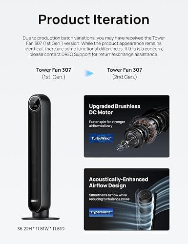 DREO Tower Fan for Bedroom, 2026 Upgraded DC Motor, 28ft/s High Velocity, 20dB Ultra Quiet Standing Fan, 8 Speeds 4 Modes, 90° Oscillating Bladeless Fan for Indoors, Floor Fans with Remote, Black thumbnail 8