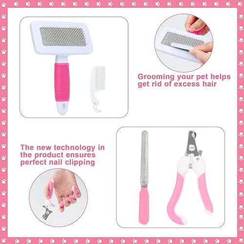 VCZONE Pink Small Animal Grooming Kit with Nail Clipper, Flea Comb, Shampoo Brush, Slicker Brush, Massage Glove for Rabbits thumbnail 5