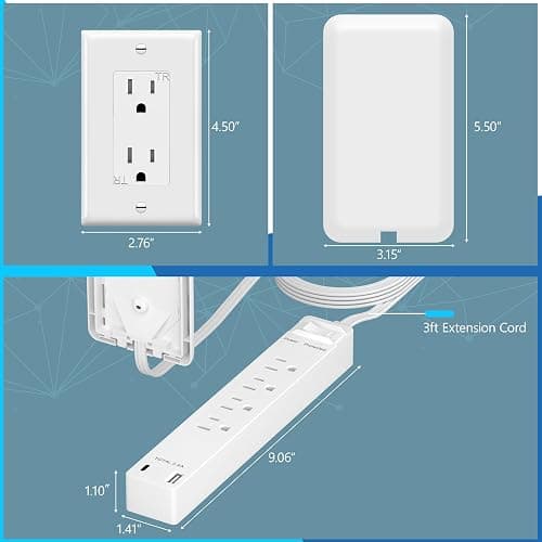 LIDER Surge Protected Outlet Extender, 4-Outlet Power Strip, 1 USB Type-A, and 1 USB Type-C Port, Surge Protect Up to 1500J, Ultra-Thin Wall Plate Plug with Cord Extender, 5ft Cord, ETL-Listed, White thumbnail 2