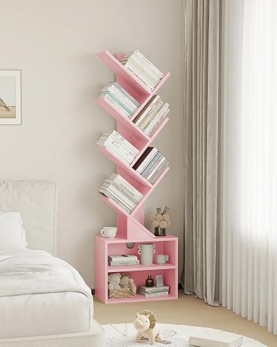 SUNMORY 6 Tier Tree Bookshelf, Tall Bookcase with Storage Cabinet, Modern Narrow Bookshelves Organizer, Floor Standing Book Shelf for Bedroom/Living Room/Home Office/Corner, Pink thumbnail 8