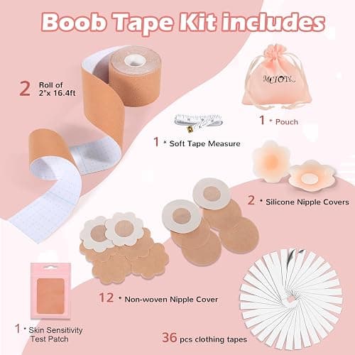 Mciotk Boob Tape Kit for Large Breast Lift,2 Pcs Nipple Covers & Breathable Body Tape,Invisible Adhesive Bra Tape A-G,Beige thumbnail 2