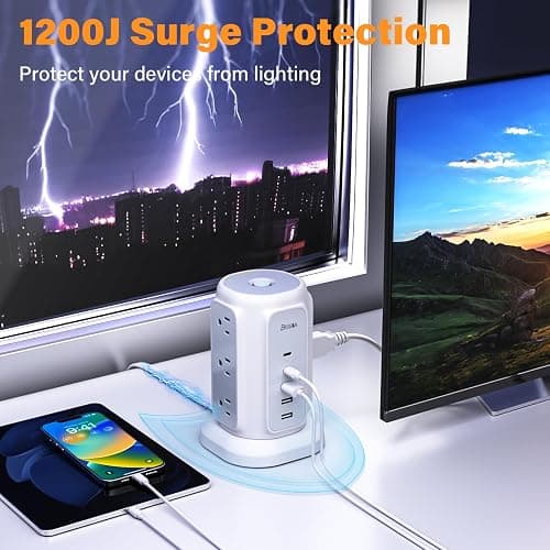 BESFAN Power Strip Tower, 1625W Surge Protector with 9AC Outlets 5 USB Ports, 6.5 FT Extension Cord Charging Tower for Multiple Devices, for Office Supplies, Dorm Room Essentials for Girls, Guys thumbnail 6