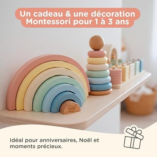 Nene Toys Jouet Montessori en Bois 3-en-1 pour Bébé 1 an – Arc-en-Ciel en Bois, Tour à Empiler & Jeu d’Encastrement – Jouet d’Éveil Enfant 1–3 Ans – Idée Cadeau Fille Garçon – Couleurs Pastel thumbnail 7