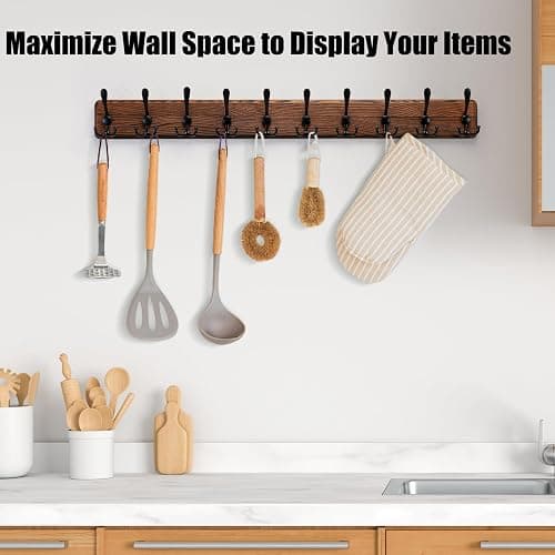 Gohiuo Rustic 38.6" Large Coat Rack Wall Mount, Long Wood Coat Hooks with 10 Triple Hooks, Heavy Duty Wooden Coat Hanger Wall Mount for Entryway, Farmhouse Hanging Jackets, Coats, Hats, Bags,Towel thumbnail 6