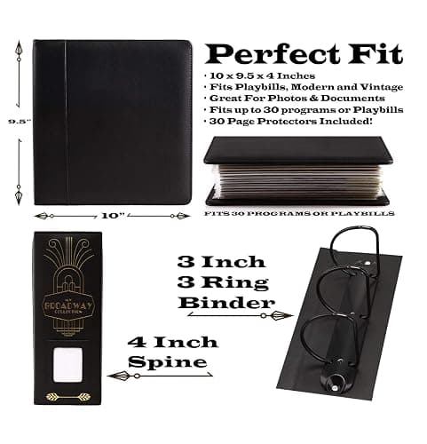 2Fold Binder for Holding Broadway Play Program and Theater Programs with 30 Custom Sheet Protectors - PU Leather - Fits Programs from Mid 1980s to Modern (Black/Gold Foil w/Window) thumbnail 2