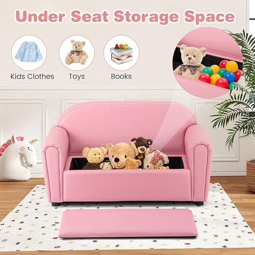 Costzon Kids Couch, 2 in 1 Double Seat Children's Sofa w/Under Seat Storage, PU Leather Surface, Toddler Armrest Chair, Kids Room, Soft Children Pink Sofa with Storage for Preschool Baby Girls Gifts thumbnail 6