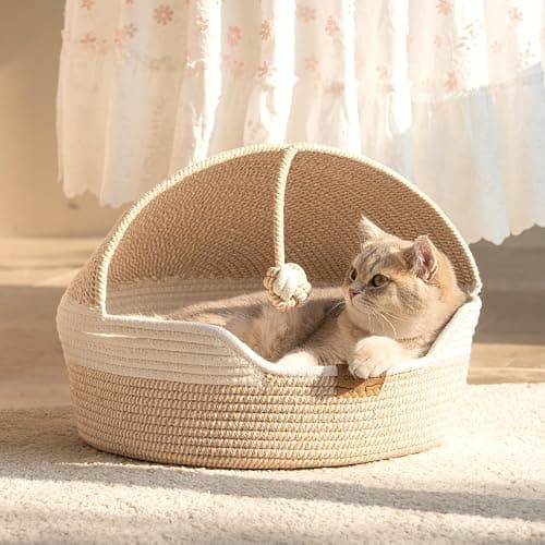 CHEERPALS Cat Basket Bed with Washable Cushion and Ball Rope Cotton, Covered Pet Bed for Indoor Cats Cave Bed Hooded, Stimulicat Cat Bed Handwoven Breathable, All Season Universal(White) thumbnail 2
