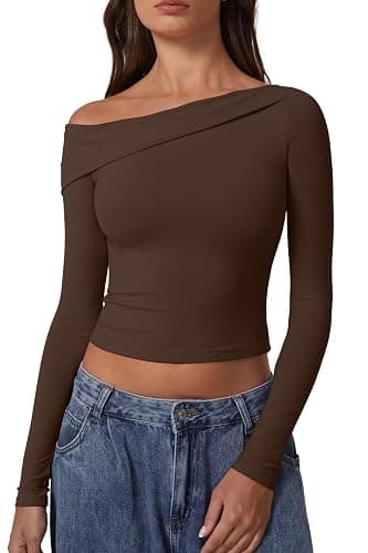 QINSEN Women Long Sleeve Off Shoulder Tops Trendy Double Lined Going Out Shirt for Fall - Image 1