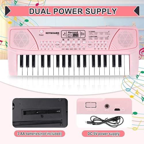 M SANMERSEN Upgraded 37 Key Kids Piano Keyboard with Microphone Music Toys for 3 4 5 6 Year Old Girls Gifts, Pink thumbnail 6