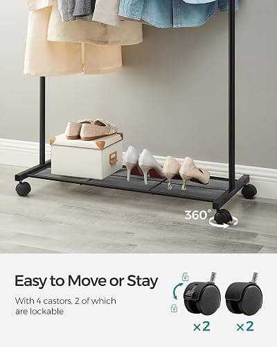SONGMICS Clothes Rack with Wheels, Clothing Rack for Hanging Clothes, 25.4 mm Metal Garment Rack with Dense Mesh Storage Shelf, 110 lb Load Capacity, 2 Brakes, Black UHSR25BK - Black - Single Rod thumbnail 6