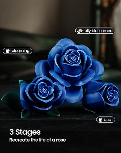 iATOM Blue Rose Bouquet Building Set, Gift for Christmas, Artificial Flowers Botanical Collection for Adults - Gothic Home Office Table Centerpiece Retro Decor - IA11007 thumbnail 4