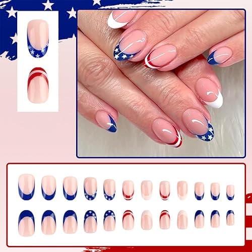 4th Of July French Tip Press On Nails Short Almond Fake Nails Independence Day False Nails Press Ons With Star Design Nude Stick On Nails Full Cover Glue On Nail For Women Nail Supplies 24pcs thumbnail 2