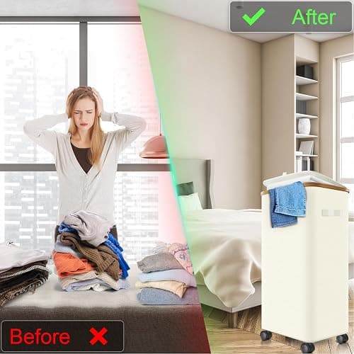 Laundry Hamper with Wheels,20 Gal (75L) Laundry Basket with lid Rolling Clothes Hamper Foldable Dirty Clothes Basket on wheels with Bamboo Frame and Bag for Bedroom, Dorm, Laundry Room-Off White thumbnail 7