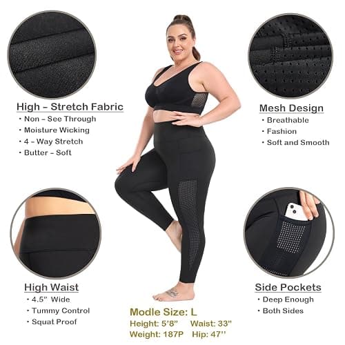 MEJING Plus Size Leggings for Women with Pockets Stretchy, L-5XL Tummy Control High Waist Workout Black Mesh Yoga Pants thumbnail 3