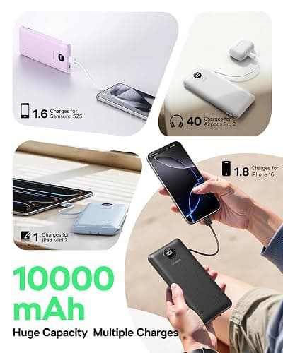 VEGER All in One Travel Portable Charger with Built-in AC Plug & Cables, 10000mAh Slim Power Bank Battery Pack, 15W Fast Charging Compatible with iPhone, Samsung, Android-White thumbnail 4