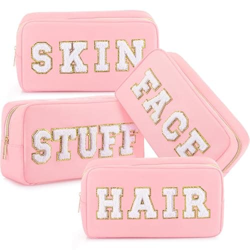 Remerry 4 PCS Nylon Cosmetic Bags Waterproof Spacious Travel Makeup Organizer for Women Chenille Letter Preppy Zipper Pouch Face Stuff Skin Hair Organizer Gift(Pink) - Image 1