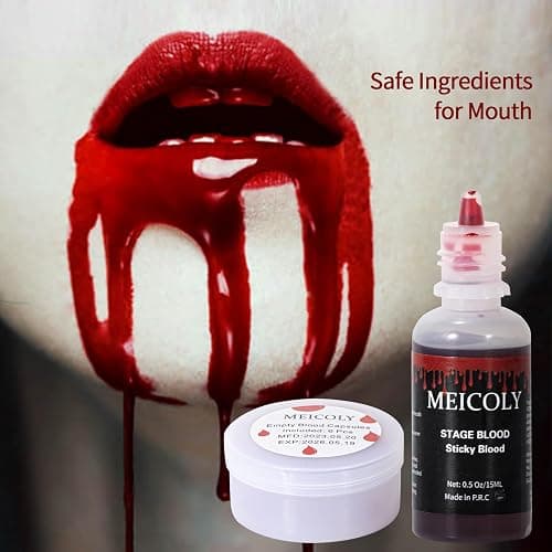 MEICOLY 0.5OZ Edible Fake Blood with 6 Packs Empty Capsules,Washable Stage Blood Sangre Falsa,Realistic Dripping Sticky Fake Blood for Halloween, SFX,Special Effect Makeup for Zombie Vampire thumbnail 3