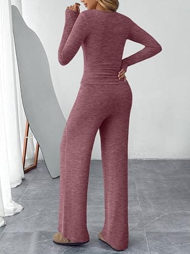 Trendy Queen Women's 2 Piece Matching Lounge Sets Fall Fashion Outfits Henley Neck Sweater Top Wide Leg Pants Sweat Suits thumbnail 4