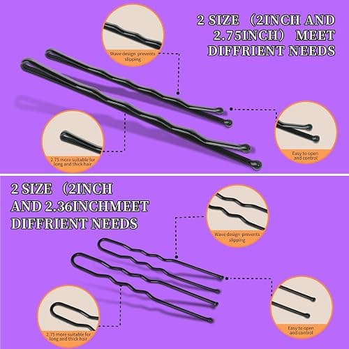 Teenitor 300pcs Hair Pins Bobby Pins Black, 100 Black Bobby Pins 2" 2.75"100 Hair Pins for Women and 100 Clear Hair Bands Kit, U Pins for Buns 2" 2.36" thumbnail 6
