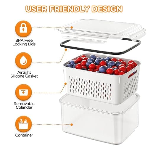 5-Pack Fruit Storage Containers for Fridge with Removable Colanders, 4 in 1 Produce Storage Containers with Lids, Leakproof Fridge Organizer Bins for Salad Berry Lettuce Vegetables Meat Keeper Fresh thumbnail 4