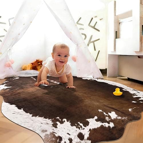 DweIke Faux Cowhide Print Rug for Living Room, 4.6 x 5.2 ft Dark Brown Western Animal Cow Hide Rugs, Non Slip Cool Cow Skin Carpet for Bedroom Dining Room Farmhouse Entrance Home Decor thumbnail 8