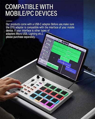 Donner MIDI Pad Beat Maker Machine Professional, Drum Machine with 16 Beat Pads, 2 Assignable Fader & Knobs and Music Production Software, USB MIDI Controller with 40 Courses, STARRYPAD White thumbnail 7
