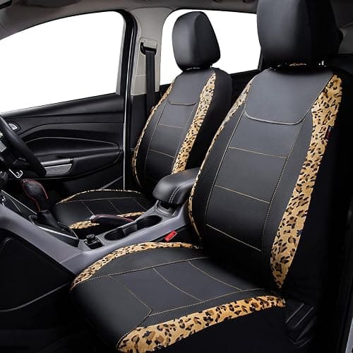 Flying Banner car seat Covers Protects Leopard Printing Velvet Faux Leather Carbon Fiber Front and Rear Bench (Leopard Brown Black, Full Set - 8PCS) thumbnail 2