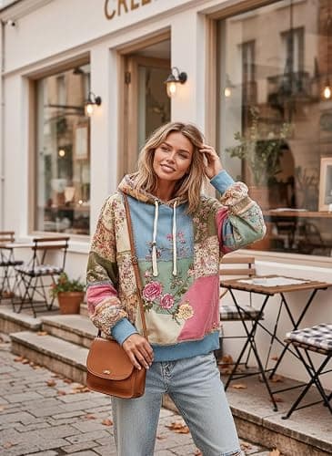 BAIREG Women's Vintage Boho Patchwork Floral Hoodie Oversized Rose Print Sweatshirt Casual Loose Pullover with Drawstring thumbnail 2