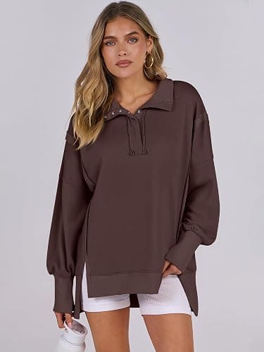 ANRABESS Women's Sweatshirts Oversized Casual Loose Button Up Henley Pullover Top High Low Split 2025 Fall Fashion Outfits thumbnail 5
