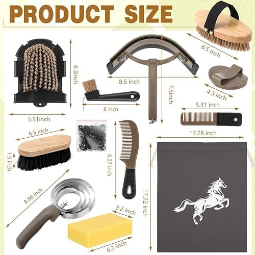 Abbylike 12 Pieces Horse Grooming Kit Racing Festival Tack Room Supplies Horse Brush Sets Equine Care Cleaning Kit Shedding Grooming Massaging Tools(Dark Gray) thumbnail 2