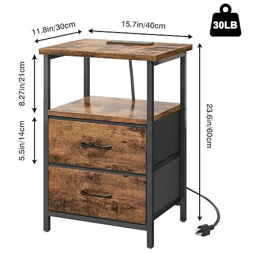 Fixwal Night Stand with Charging Station, 2 Fabric Drawers, Rustic Brown | built-in bedside charger, 2 AC outlets & 2 usb ports, 2 wooden shelves, end table with storage, bedroom, living room thumbnail 3