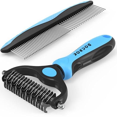 Docrok Pet Grooming Combo - Blue Deshedding Brush with Metal Comb for Detangling and Dematting Long, Matted Fur on Cats and Dogs - Image 1