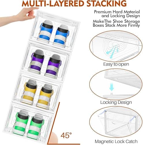 caktraie 10 Pack Thicken Shoe Organizer Stackable,Upgraded Sturdy Shoe Storage Box with Magnetic Door,Shoe Containers For Sneaker Display,Hat Organizer,White thumbnail 5