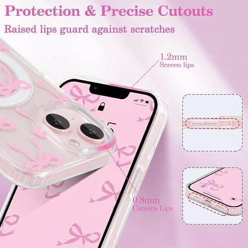 UEEBAI Magnetic for iPhone 15 Case, Bow Case Compatible with MagSafe, Wireless Slim Clear Ribbon Aesthetic Phone Cover Anti-Yellowing Shockproof Protective Cover for Women Girl - Pink - Pink - iPhone 15 thumbnail 4