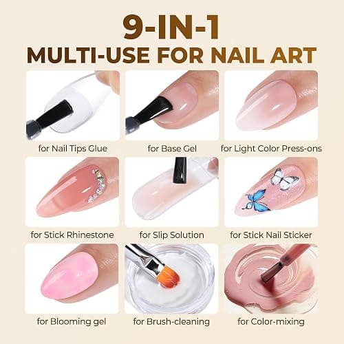 UNA GELLA 9 in 1 Gel Nail Glue U V Light Super Hold for Gel Nails Tips, 10 ml Brush On Nail Glue for Light-color Press On Nails, Rhinestones, Base coat, Blooming Art, Acrylic Tips Lamp Needed thumbnail 5