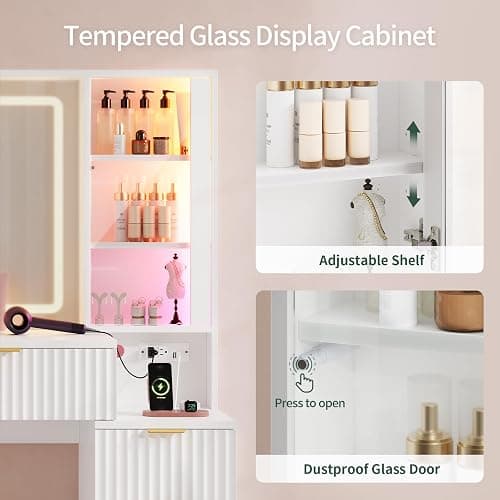 HAUOMS Big Vanity, Fluted Wood Makeup Vanity Desk with Mirror and Sound Sync LED Lights, Large Vanity Dressing Table, 8 Drawers, Charging Station for Girls, Women (White, 59.1" Width) thumbnail 8