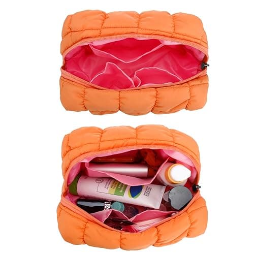 E-Tree Cute Makeup Bag,Quilted Cosmetic Bag,Make up Pouch for Purse,Toiletry Zipper Pouch,Checkered Bag,Travel Case,Storage Pouches for Organization Orange thumbnail 4