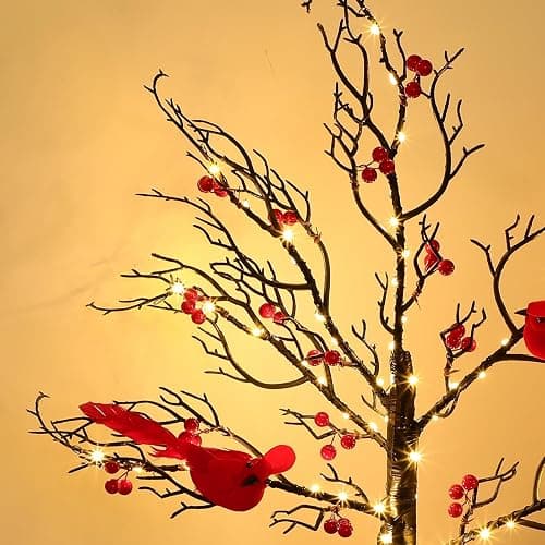 Vintage Glowing Tree with Cardinals and Berries, LED Cardinal Tree Lamp, Indoor Christmas Decorations with Lighted Branches, Vintage Christmas Decor for Home thumbnail 2