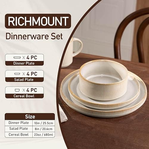 Richmount Star Dinnerware Sets, Plates and Bowls Set for 4, 12 Piece Dish Set, Ribbed, Cappuccino White thumbnail 6