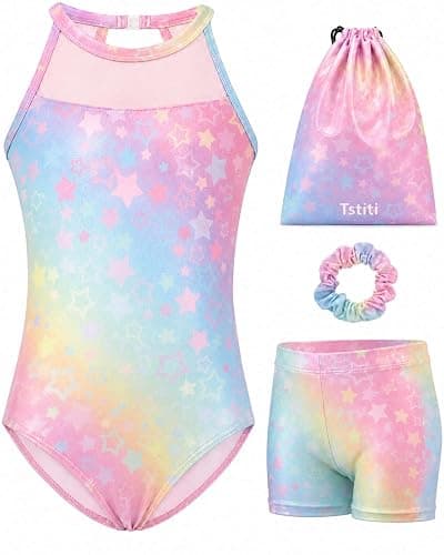 Tstiti Gymnastics Leotards for Girls Clasp Back 4-Piece | for 3-12 Years, including leotard, shorts, Scrunchie, storage bag, Sleeveless, Stretchy Fabric, Clasp Back, Mesh - Image 1